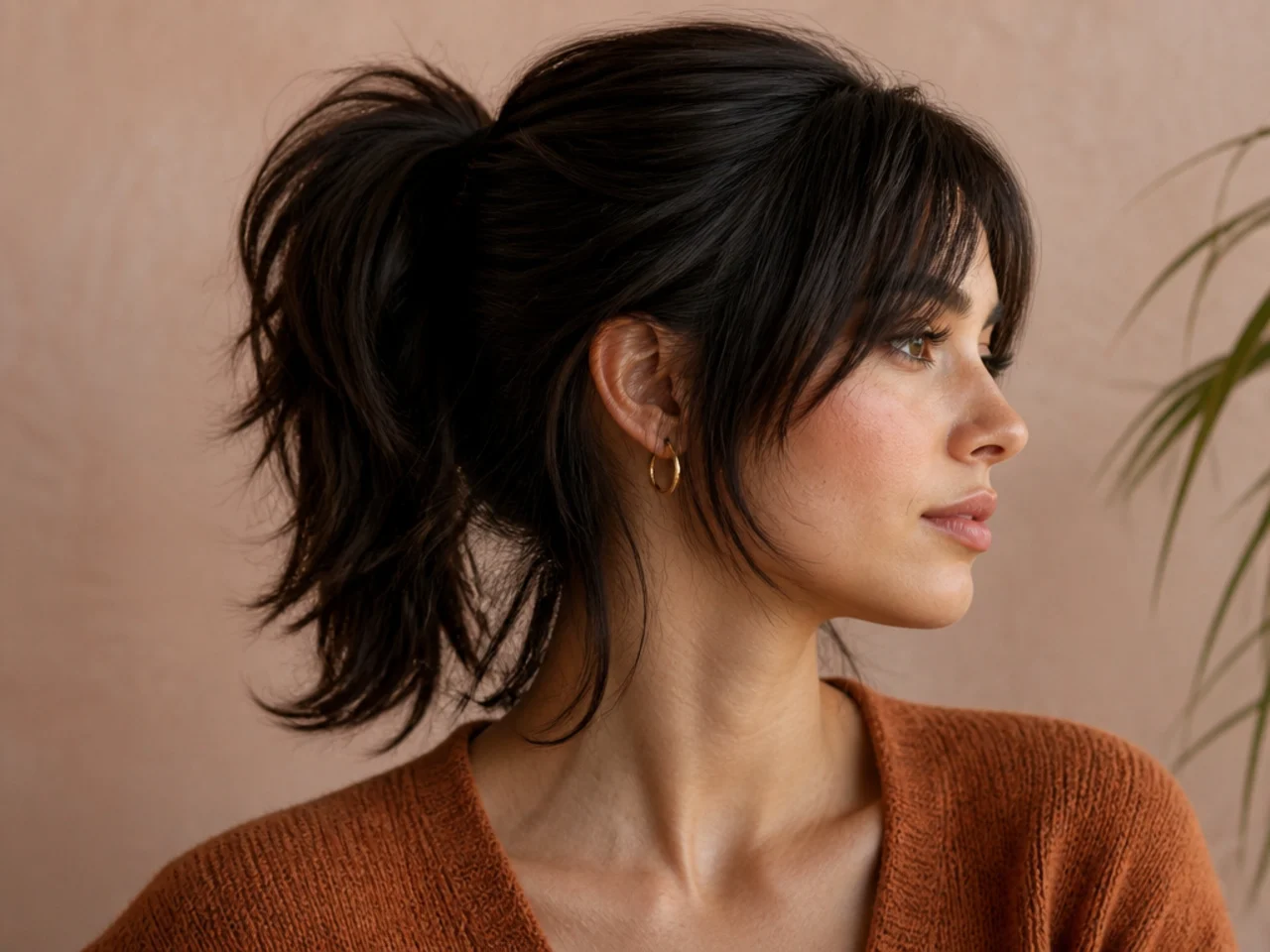 A wolf cut gathered into a ponytail with short pieces framing the face