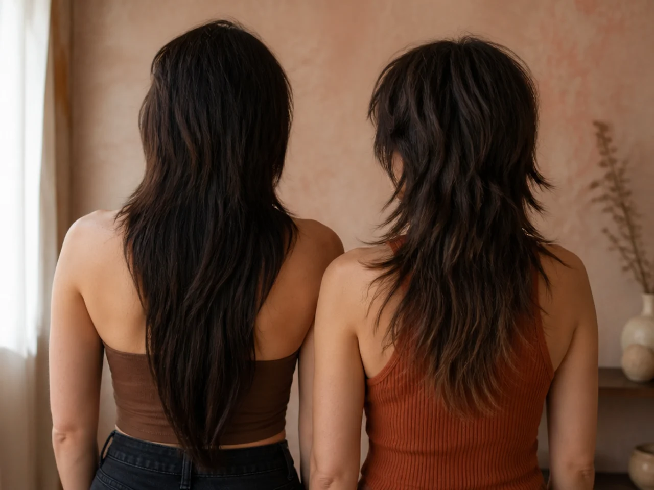 Back views showing a solid heavy mullet tail beside a thinned layered wolf cut