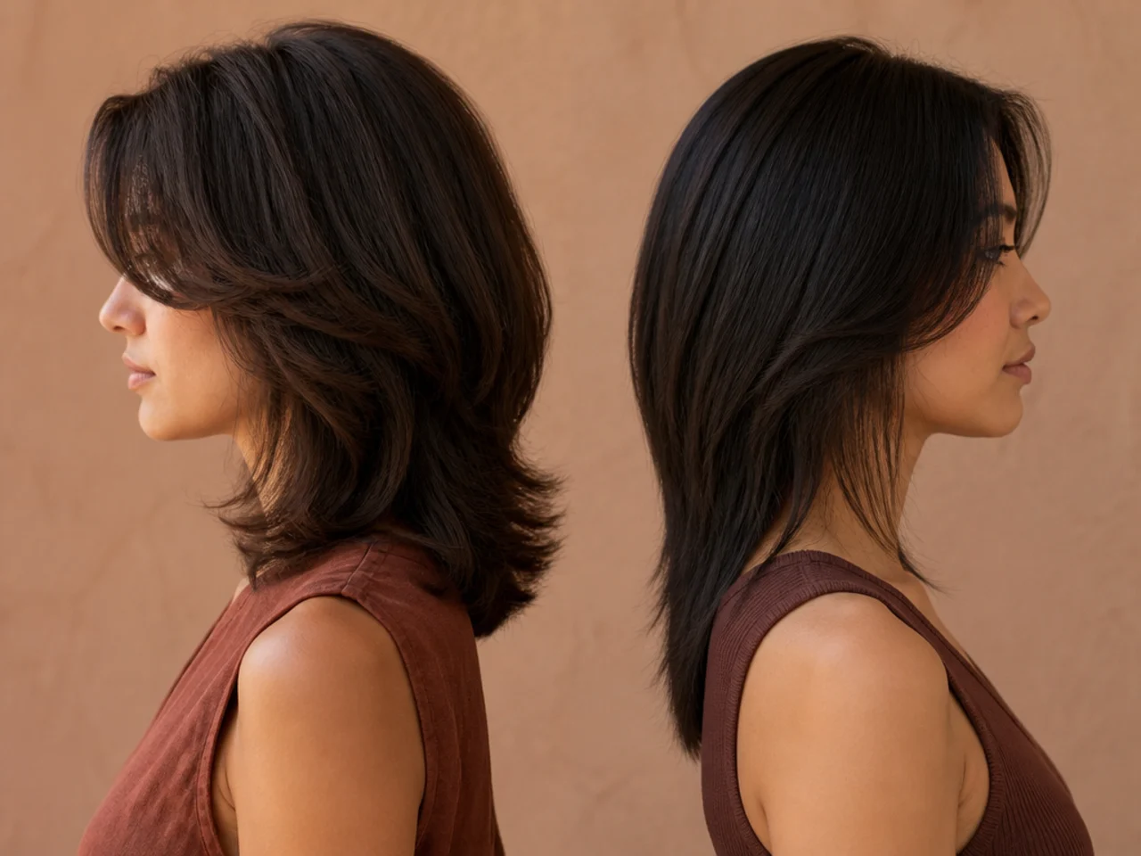 Two side profile silhouettes contrasting a stepped and a tapering hair shape