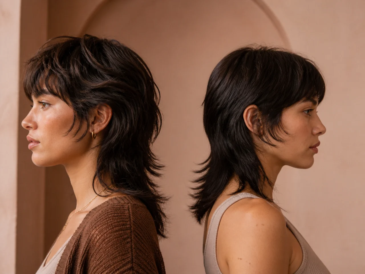 Lifted crown layers on a wolf cut compared with a flatter mullet crown