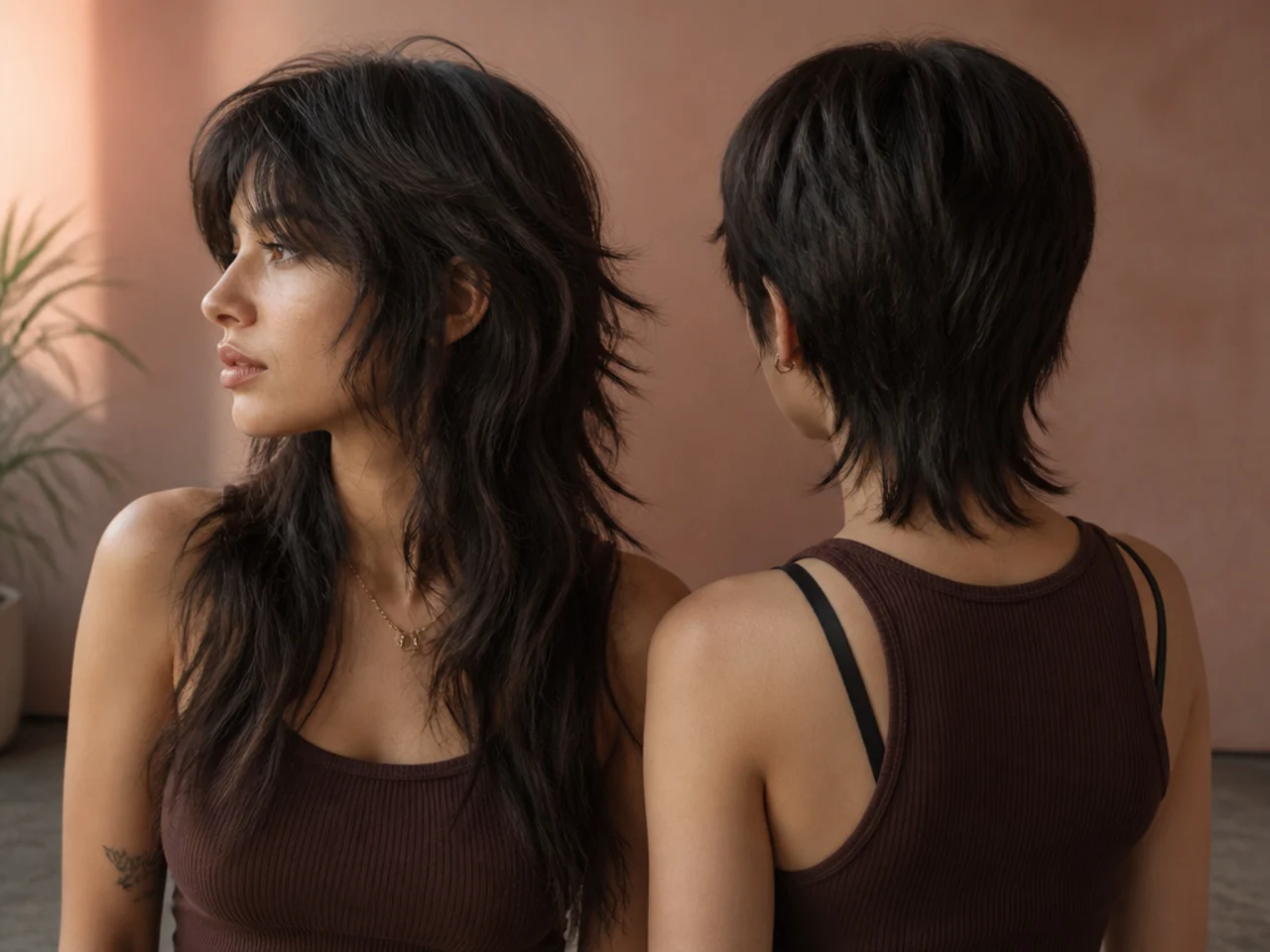 Many stacked layers in a wolf cut compared with a nearly one length mullet back