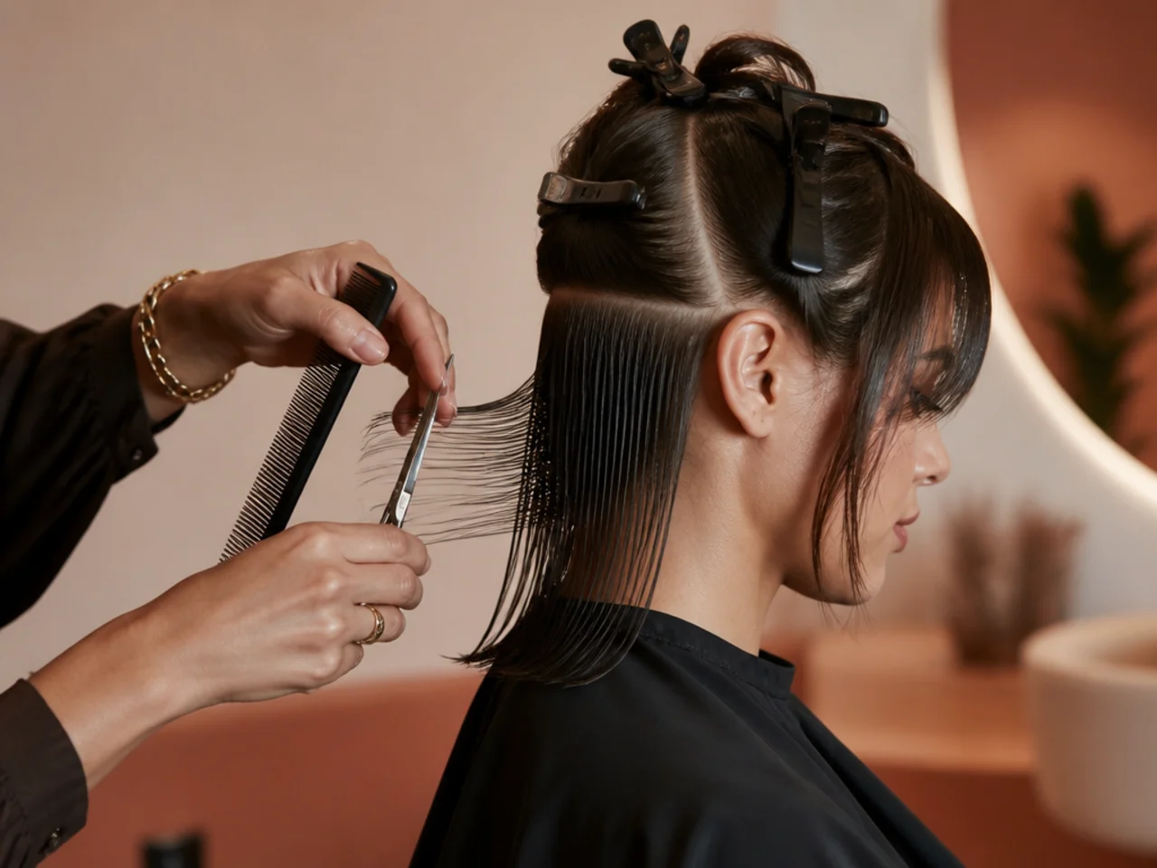 A sectioned head part way through a layered cut with clips holding each panel