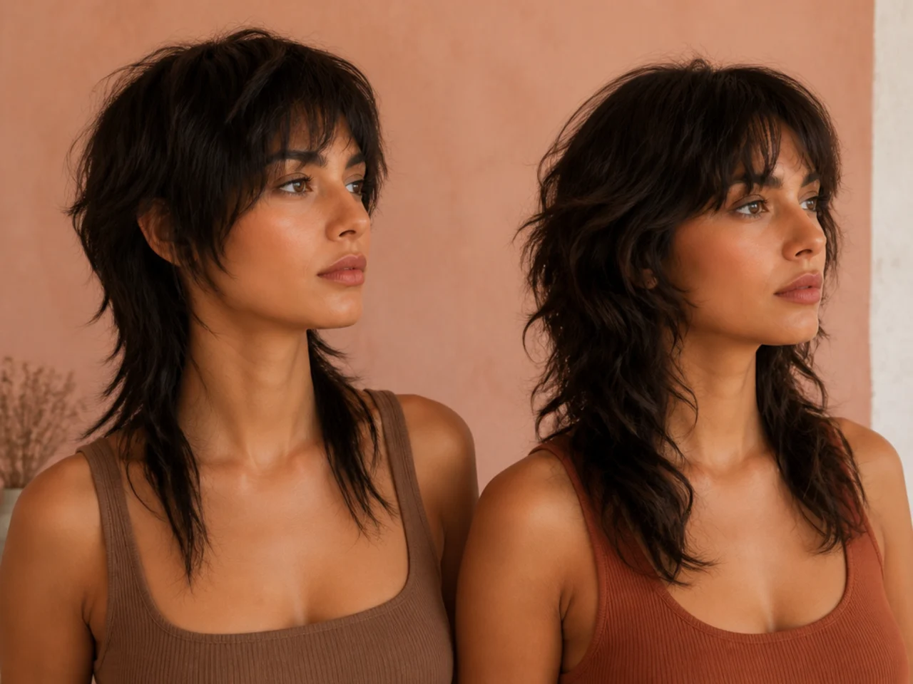 Three quarter view comparing a mullet and a wolf cut on the same length hair