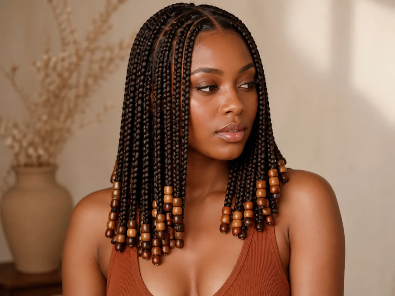 Medium braids with beads placed evenly across a subset