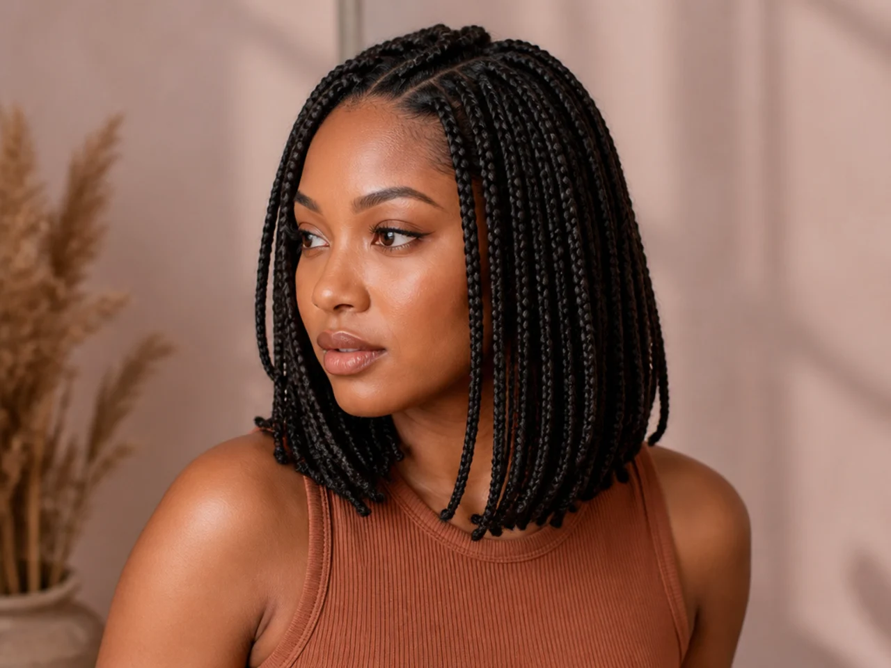 Neat shoulder-length medium knotless braids