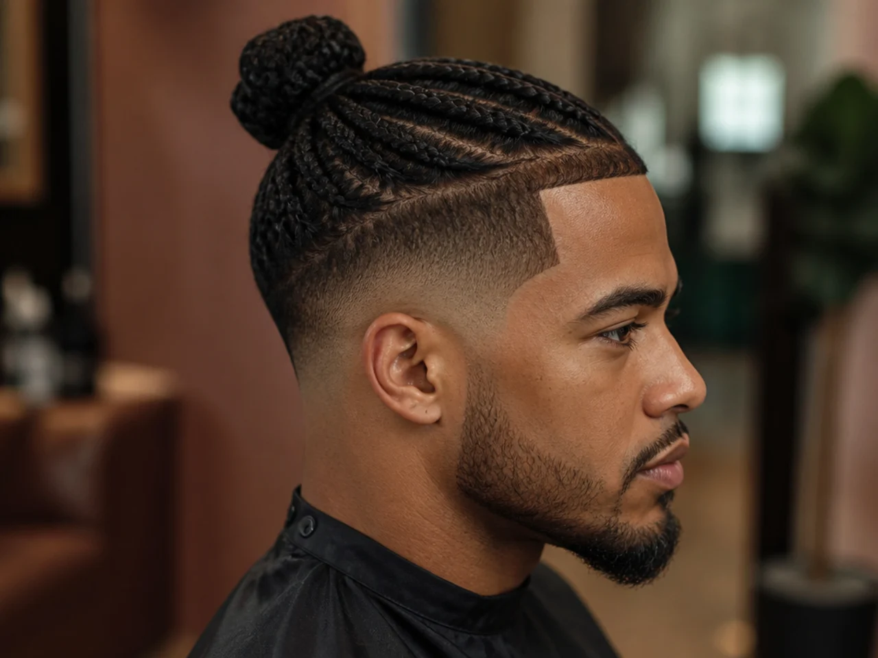 Braided ninja bun with a woven length coiled at the crown over a clean low taper fade