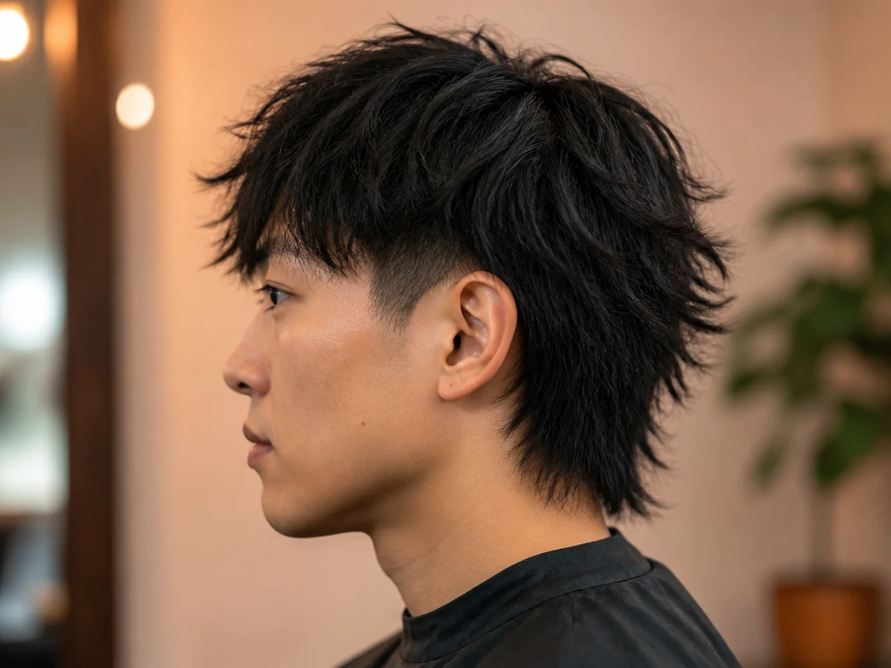 Wolf cut layered top pulled back in a partial ninja bun over a low taper fade