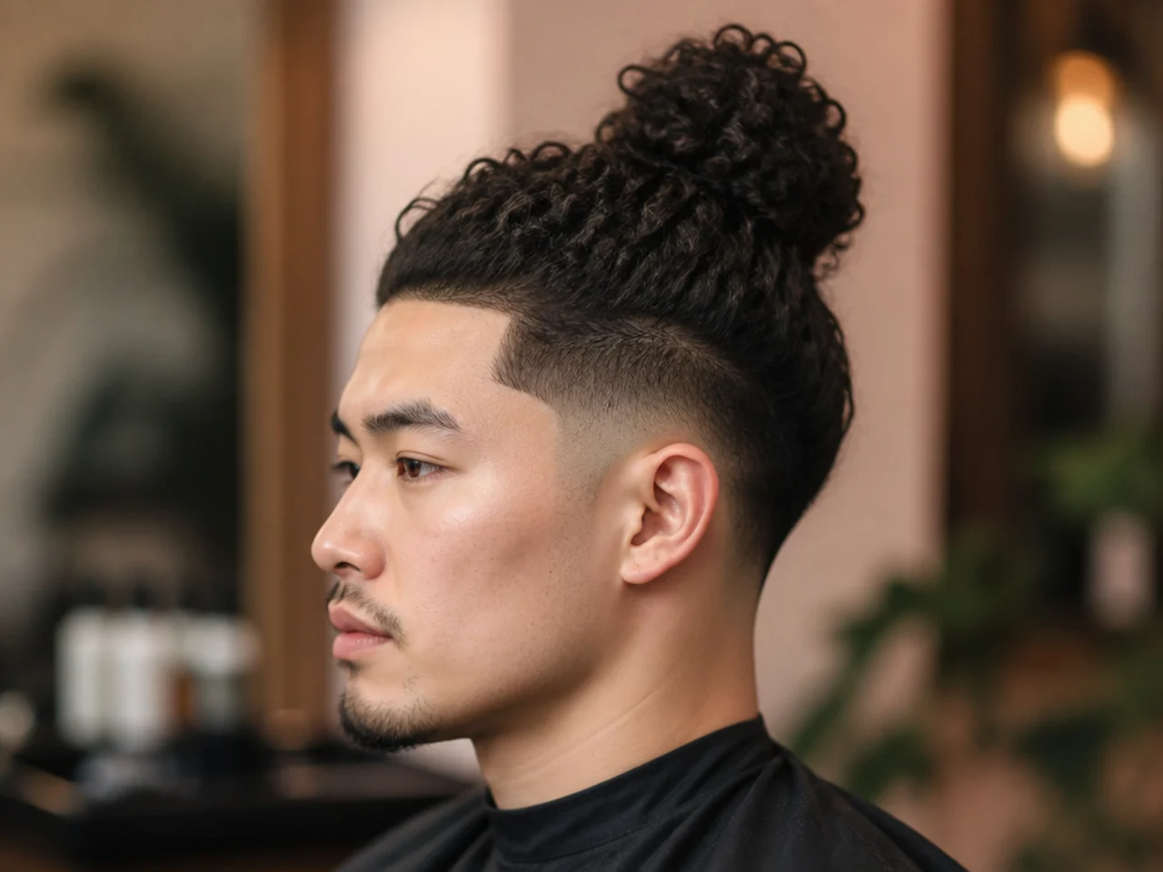 Curly ninja top knot with 3B curls gathered on the crown and a low taper fade at the sides
