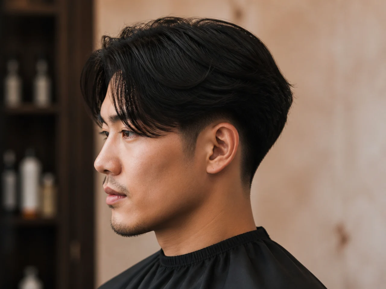 Long ninja middle-part hair falling to the jaw with a low taper fade at the sides