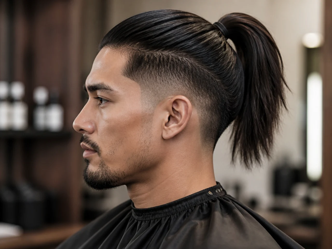 High warrior-style ninja ponytail sitting tight on the crown with a sharp low taper fade