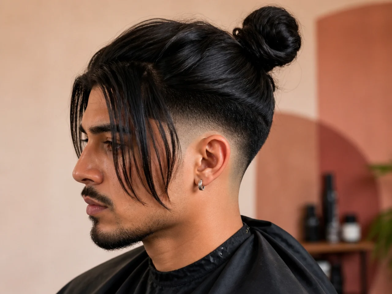 Full ninja look with a heavy fringe in front and a low bun at the nape over a low taper fade