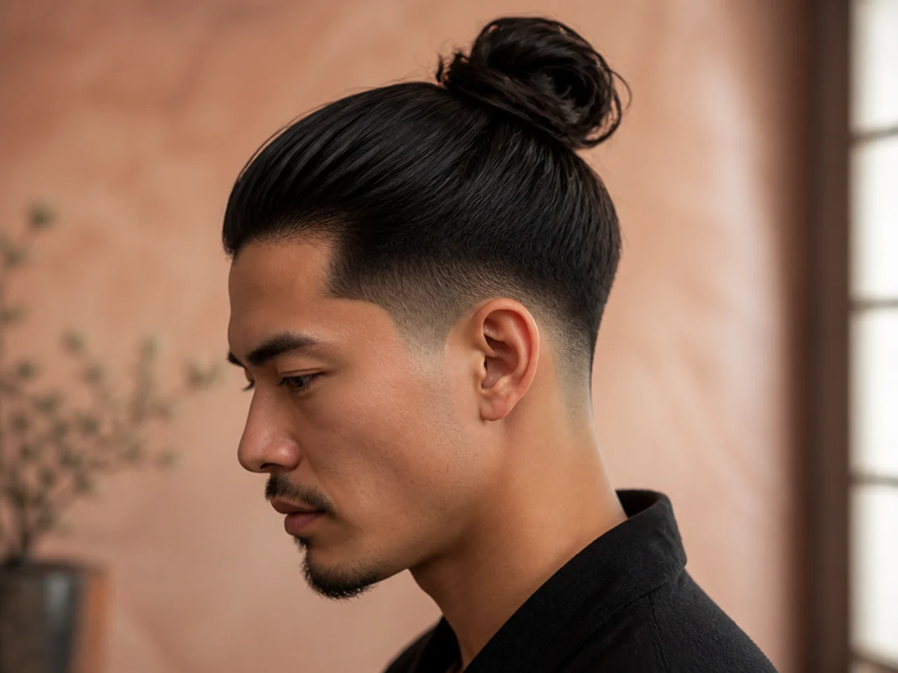 Samurai-style chonmage top knot sitting on the crown over a clean low taper fade