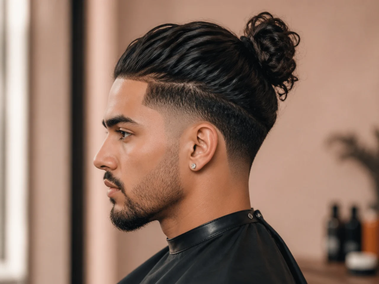 Half-up ninja bun with the top section pulled back and the bottom hanging loose over a low taper fade