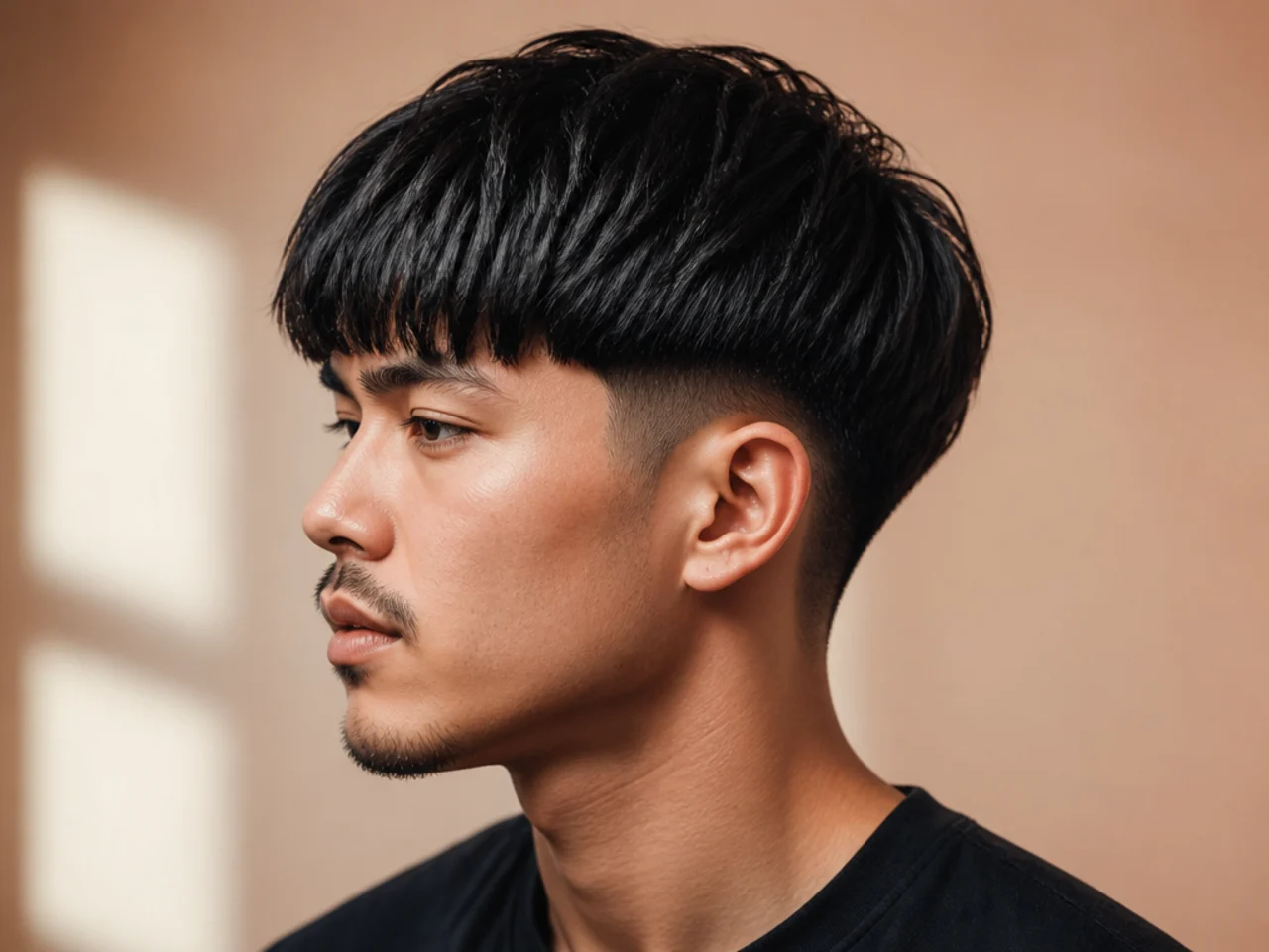 Heavy blunt ninja fringe falling over the brow with a tied-back nape and low taper fade sides