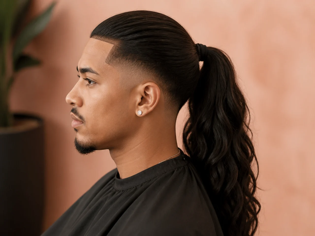 Long slicked-back ninja ponytail with a clean low taper fade at the sides and nape