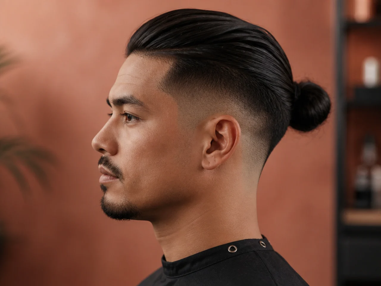 Low man bun sitting at the nape with a clean low taper fade transitioning above the ear