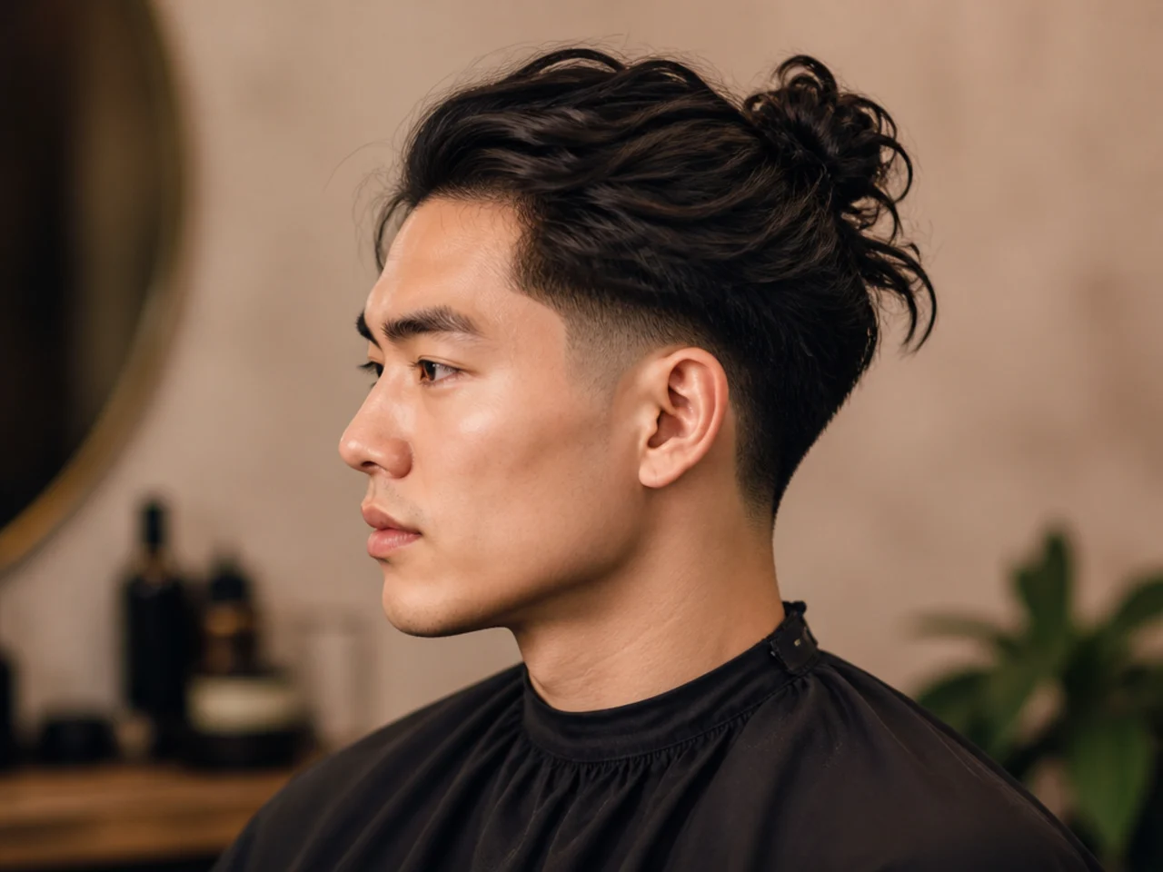 Loose messy half-up ninja style with textured length hanging over a low taper fade