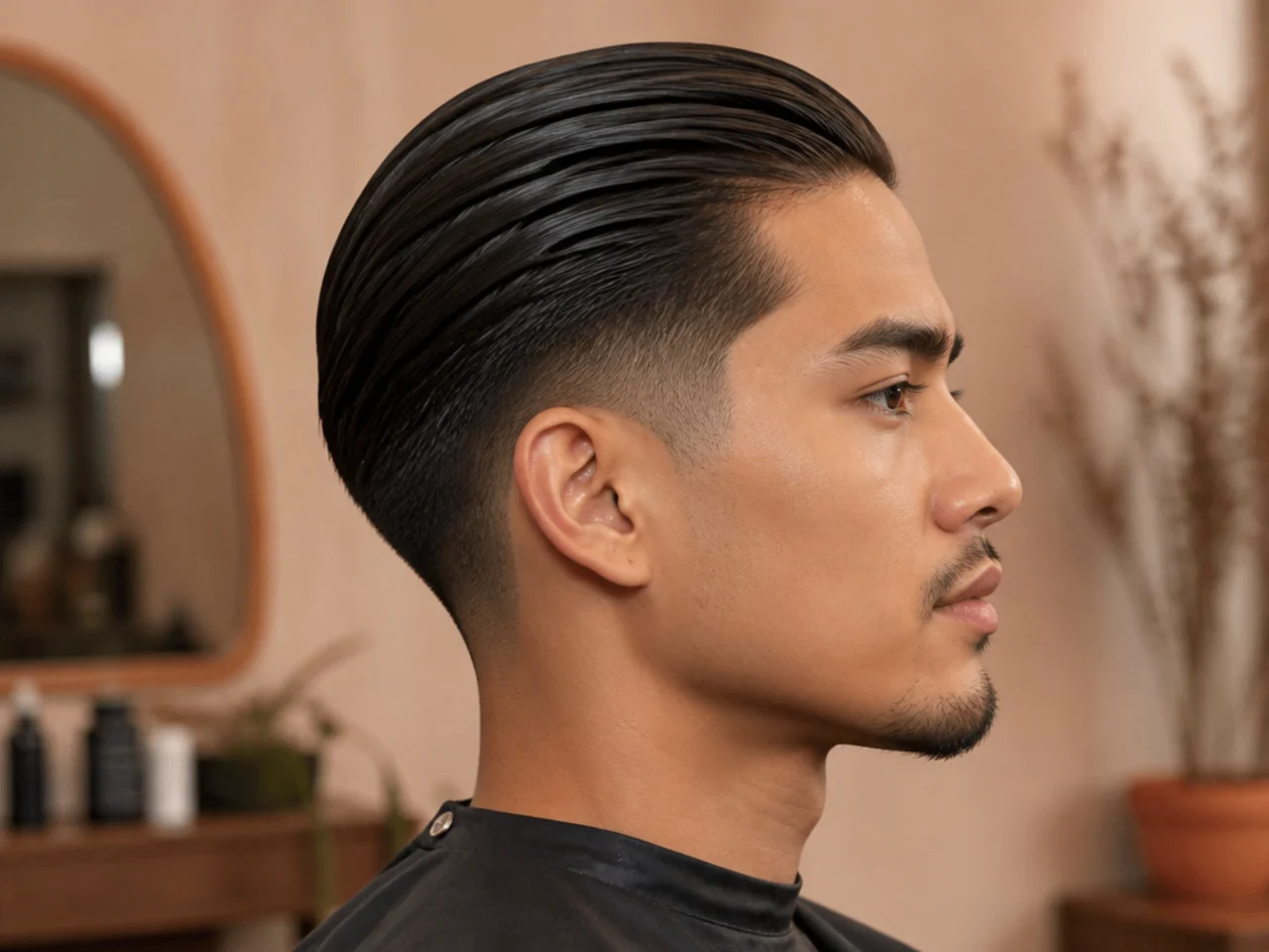 Long slicked-back dark hair falling past the collar with a low taper fade at the sides