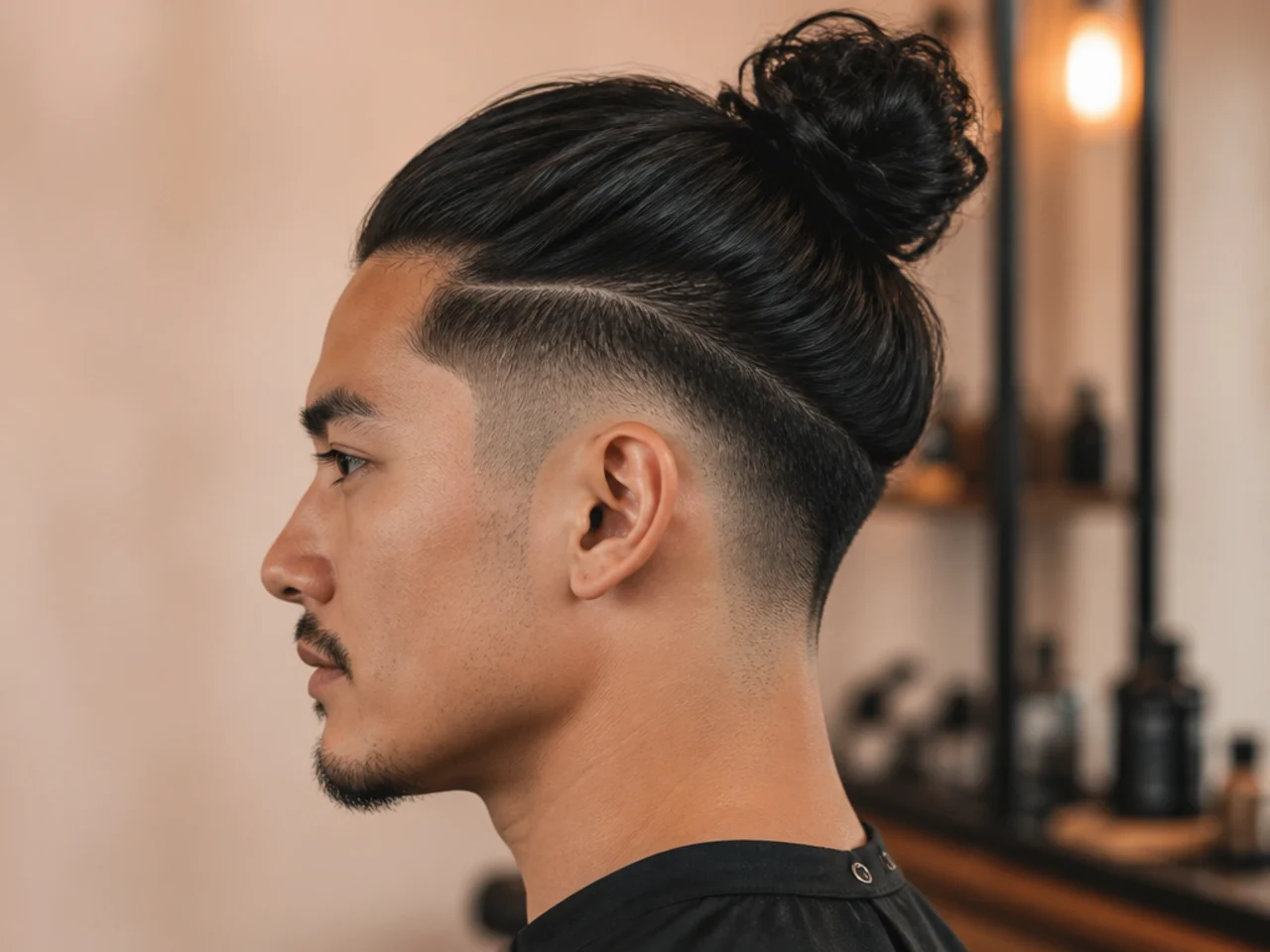Disconnected ninja top knot with a hard visual break above the low taper fade