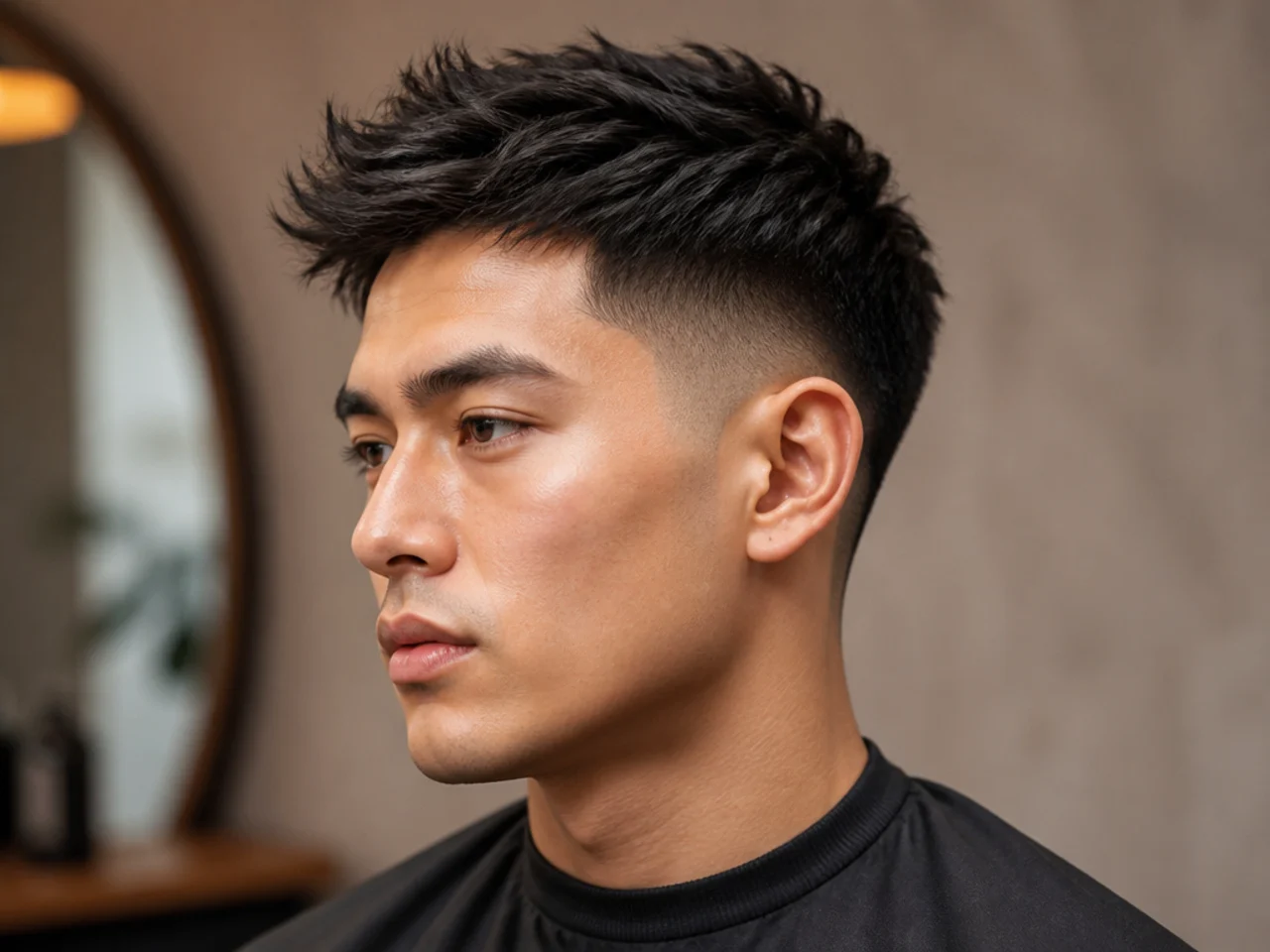 Barber studying a phone reference photo of a ninja low taper fade before starting the cut