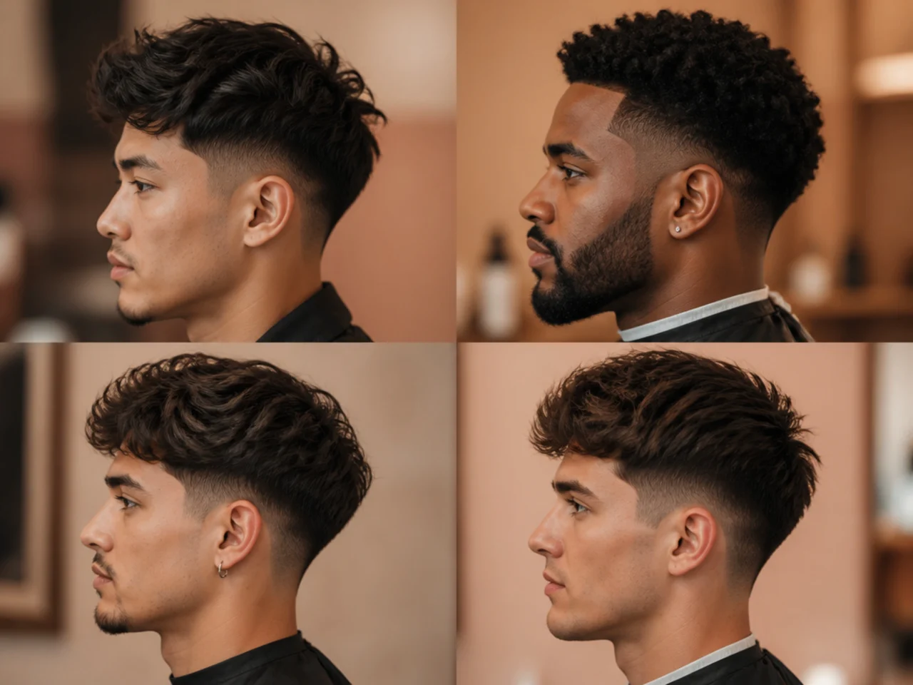 Three men showing different ninja low taper fade top styles — high top knot, low bun, and half-up bun