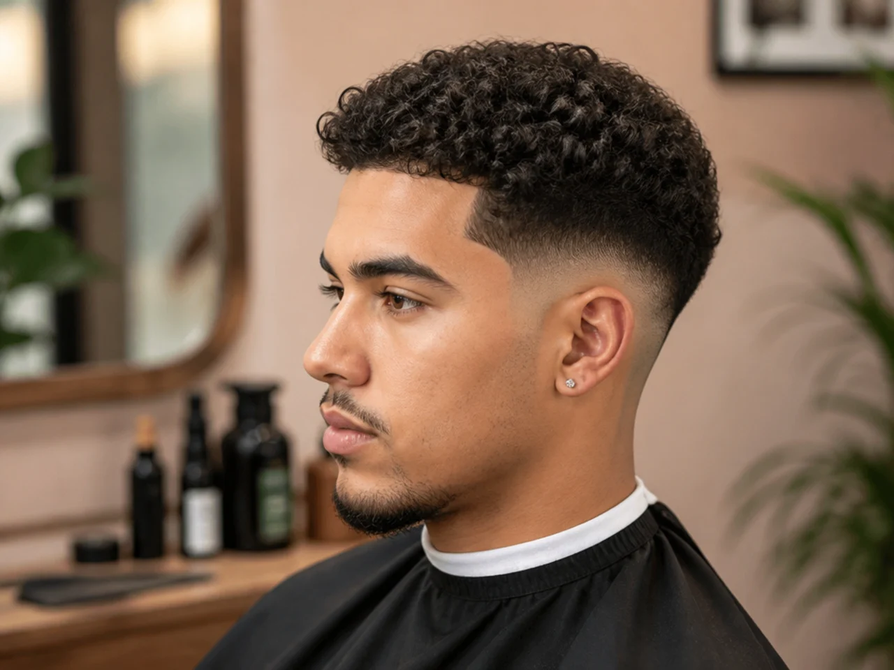Ninja low taper fade styling tools laid flat — matte pomade, hair oil, fabric elastics, boar-bristle brush
