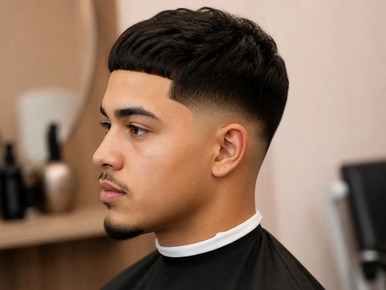 Ninja low taper fade with long dark hair pulled into a high top knot and a clean tapered side panel