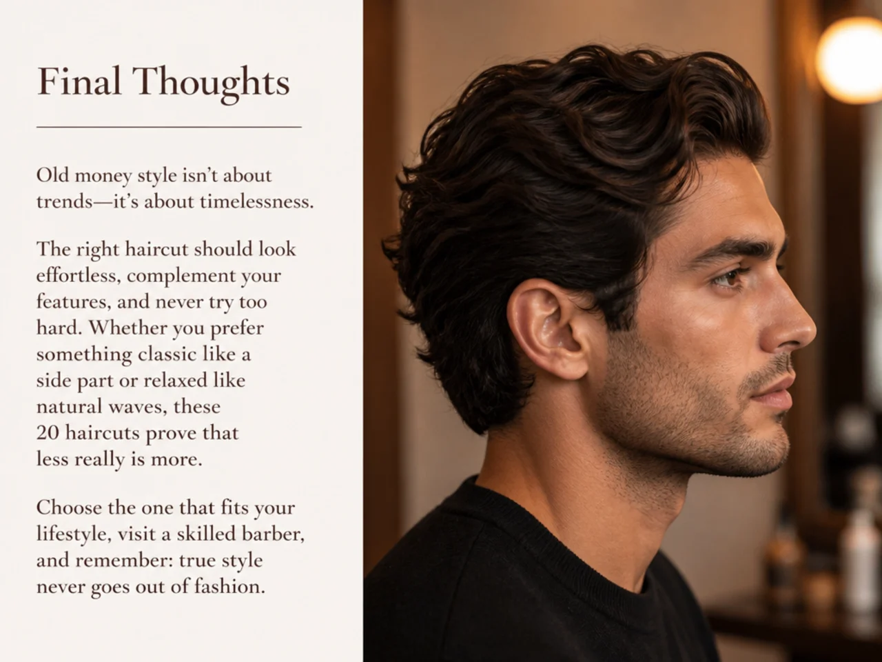 Editorial final three-quarter portrait of a man with a tailored old money aesthetic haircut in warm afternoon light, matte finish, wearing a cashmere sweater under a camel wool overcoat