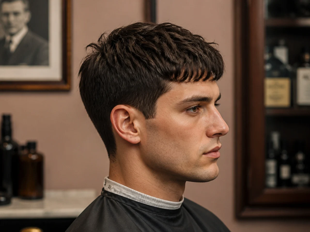 Andover yearbook crop old money aesthetic haircut on a young man, blunt French crop with textured fringe, matte finish, chambray shirt collar