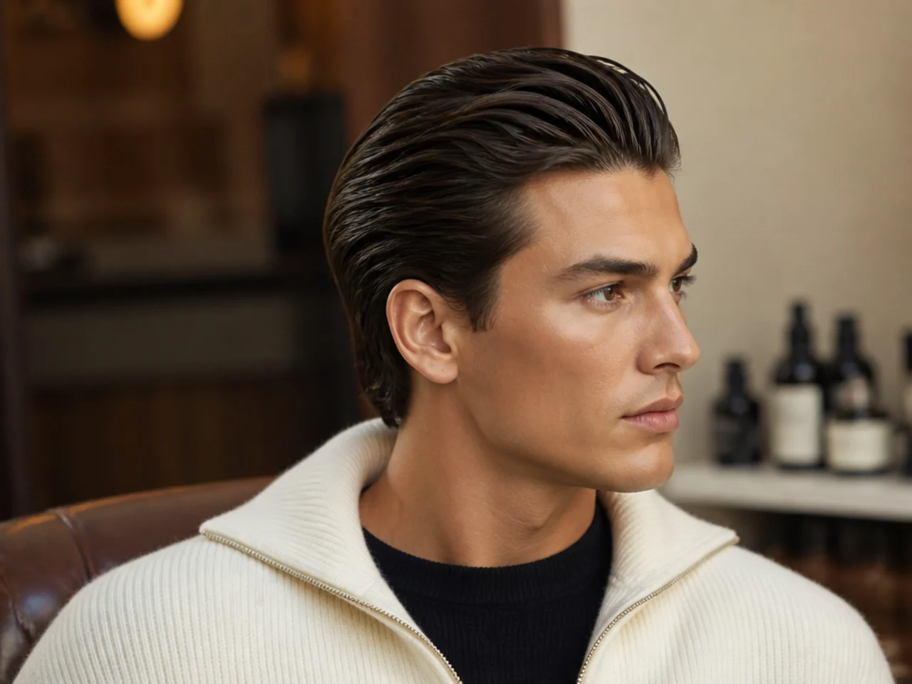 Aspen ski weekend slick back old money aesthetic haircut on a man in a shearling jacket, four-inch slick back re-combed after a wool hat, matte finish, no gel