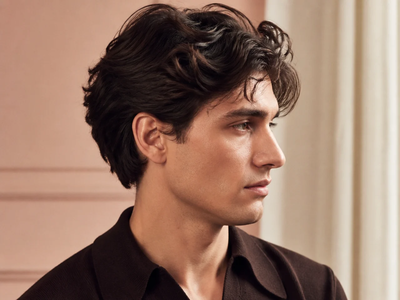 Chapel Sunday Ivy old money aesthetic haircut on a young man in a grey herringbone jacket and rep tie, tight two-inch Ivy, sharp perimeter, matte finish
