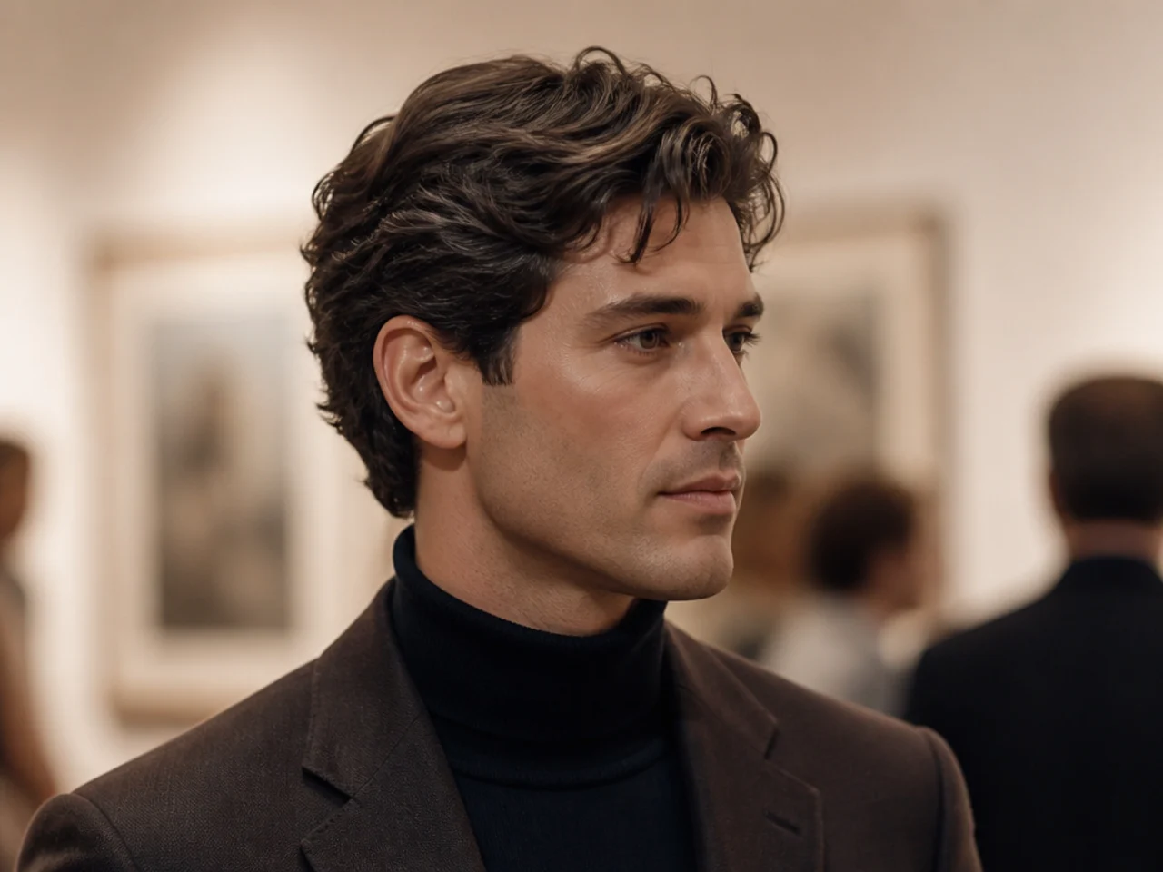 Chelsea gallery opening old money aesthetic haircut on a man in a taupe wool blazer, four-inch sculpted comb-over with diagonal sweep, matte pomade finish