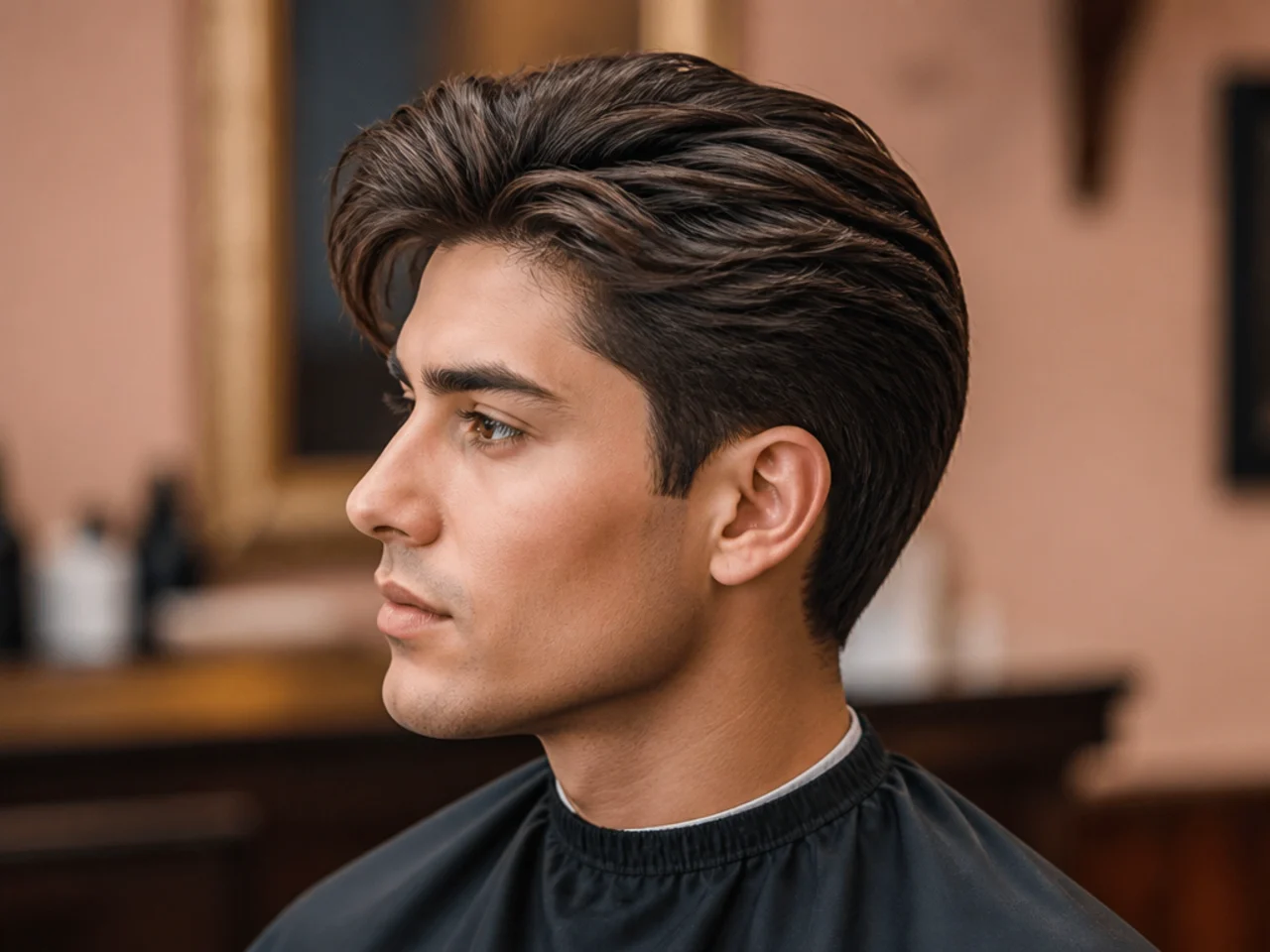 Kennedy compound portrait old money aesthetic haircut on a man in his thirties, deep natural side part, three-inch top, scissor-tapered sides, matte finish
