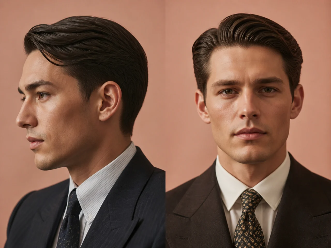 Manhattan prewar board meeting old money aesthetic haircut on a man in a navy pinstripe suit, three-inch sharp elevated side part, defined natural break, tight sides