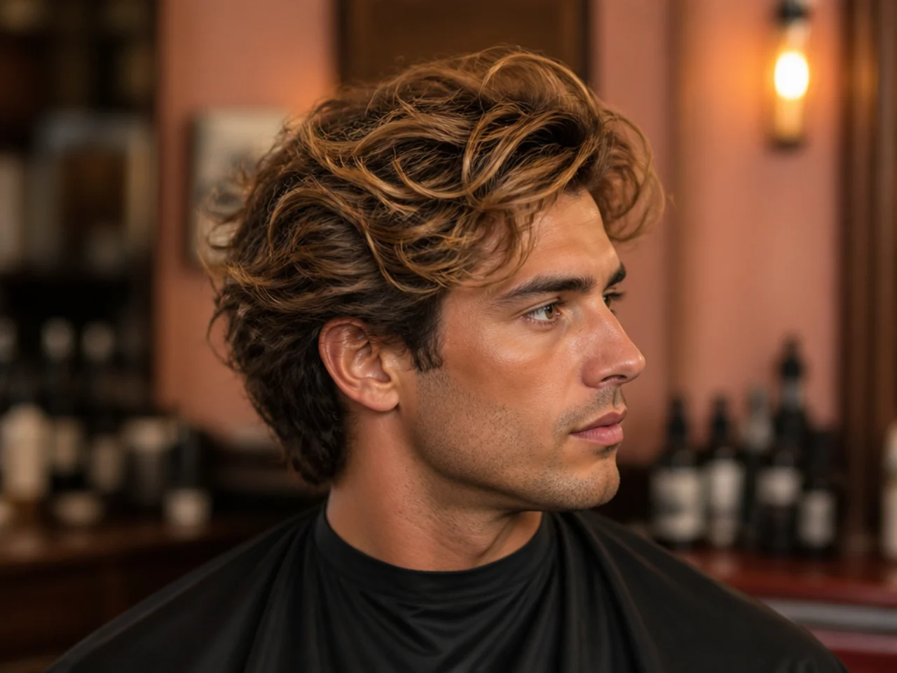 Montauk sunset cocktails old money aesthetic haircut on a man in a linen suit, three-inch brushed-back gentleman cut with no part, matte finish