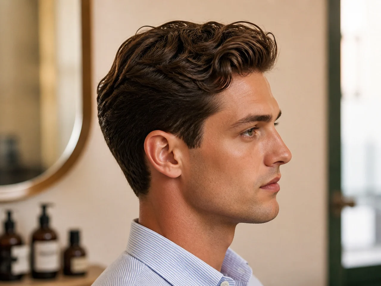 Nantucket sailing weekend Ivy old money aesthetic haircut on a young man in a faded pink oxford, sun-lightened tousled 2-inch Ivy, air-dried finish