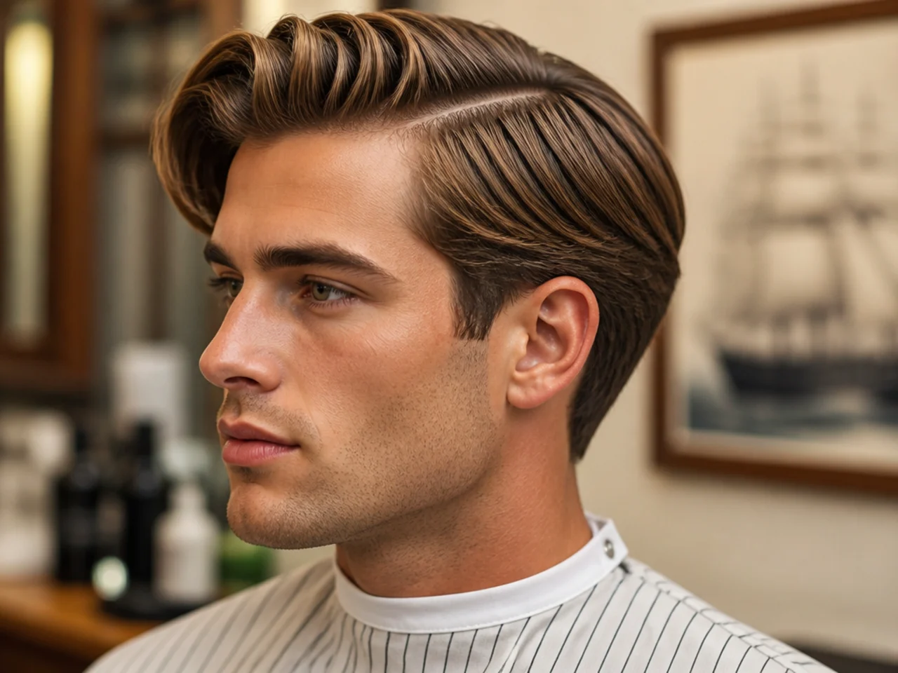 Newport regatta side part old money aesthetic haircut on a man in a navy blazer with white trousers, clean matte side part, scissor sides, coastal light