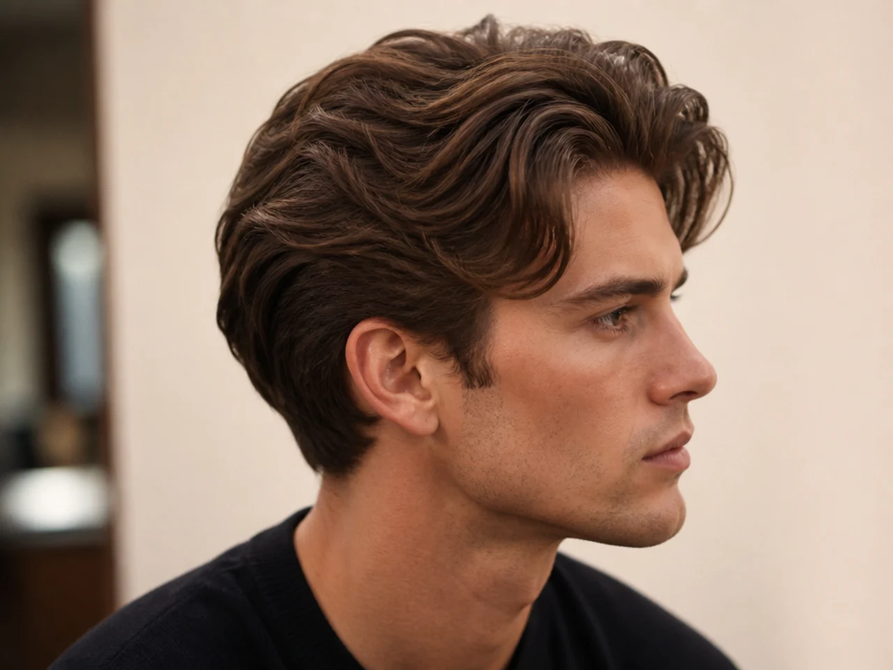Palm Beach winter season sweep old money aesthetic haircut on a man in a cream linen suit, sun-lightened three-inch side sweep with fringe across the forehead
