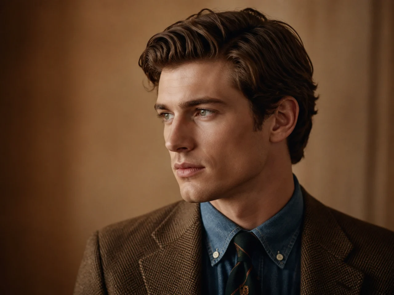 Ralph Lauren fall campaign old money aesthetic haircut on a man in a polo mallet-sleeve sweater, three-inch brushed-back pomp with lift, matte clay finish