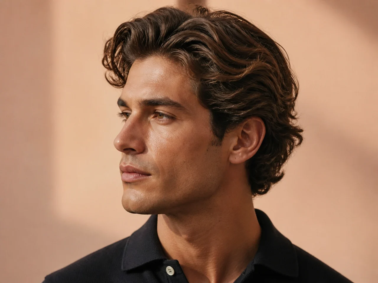 Sagaponack Sunday brunch old money aesthetic haircut on a man in a chambray shirt, four-inch soft slick back combed with matte clay, no shine