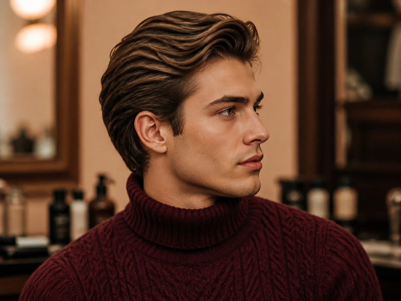 St. Moritz après-ski sweep old money aesthetic haircut on a man in a burgundy cable-knit turtleneck, three-inch brushed back with weather-blown texture, matte finish