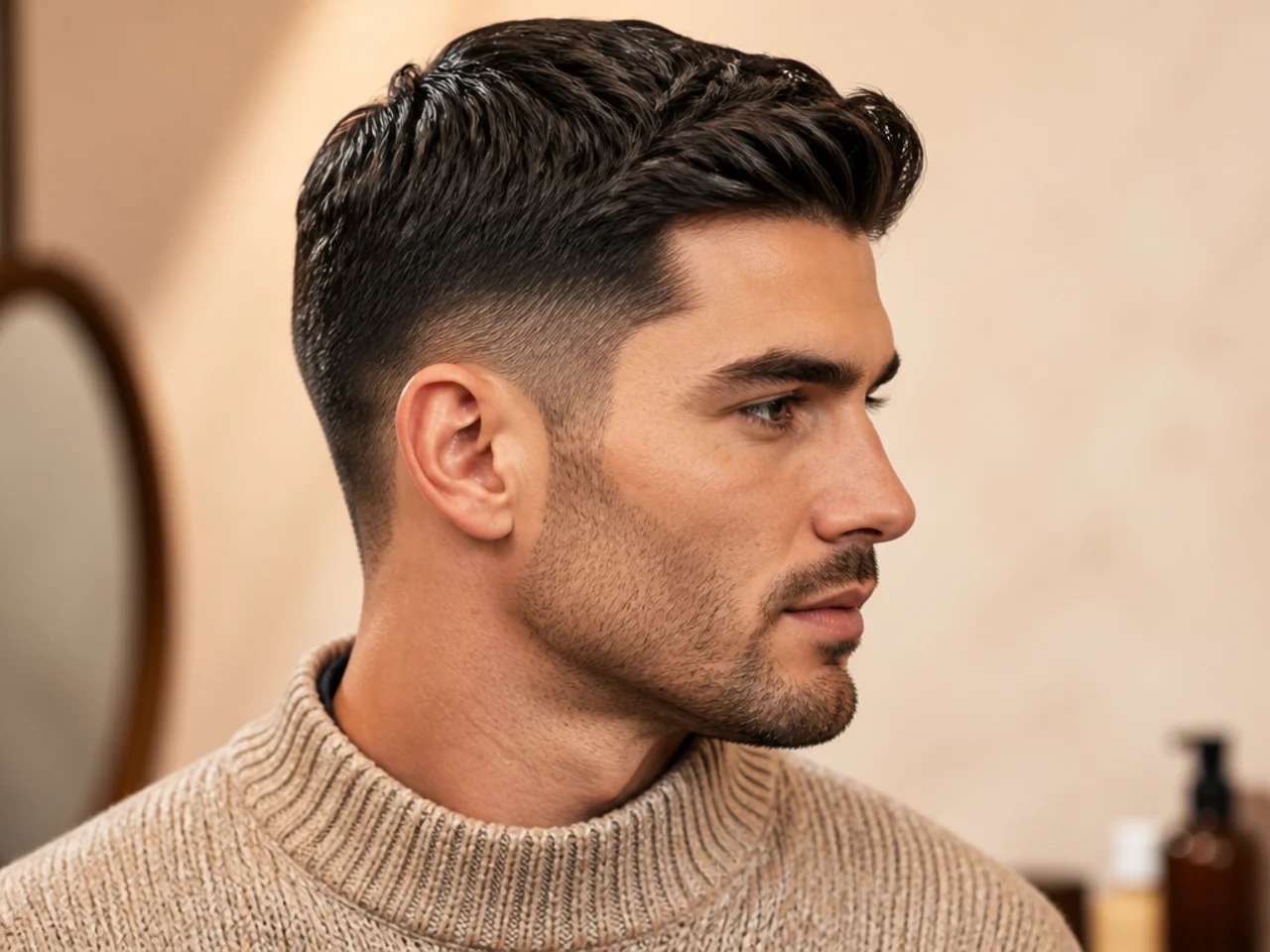 Vermont ski chalet precision crew old money aesthetic haircut on a man in a Fair Isle sweater, inch-and-a-half top all one length, razor-squared neckline, tight sides