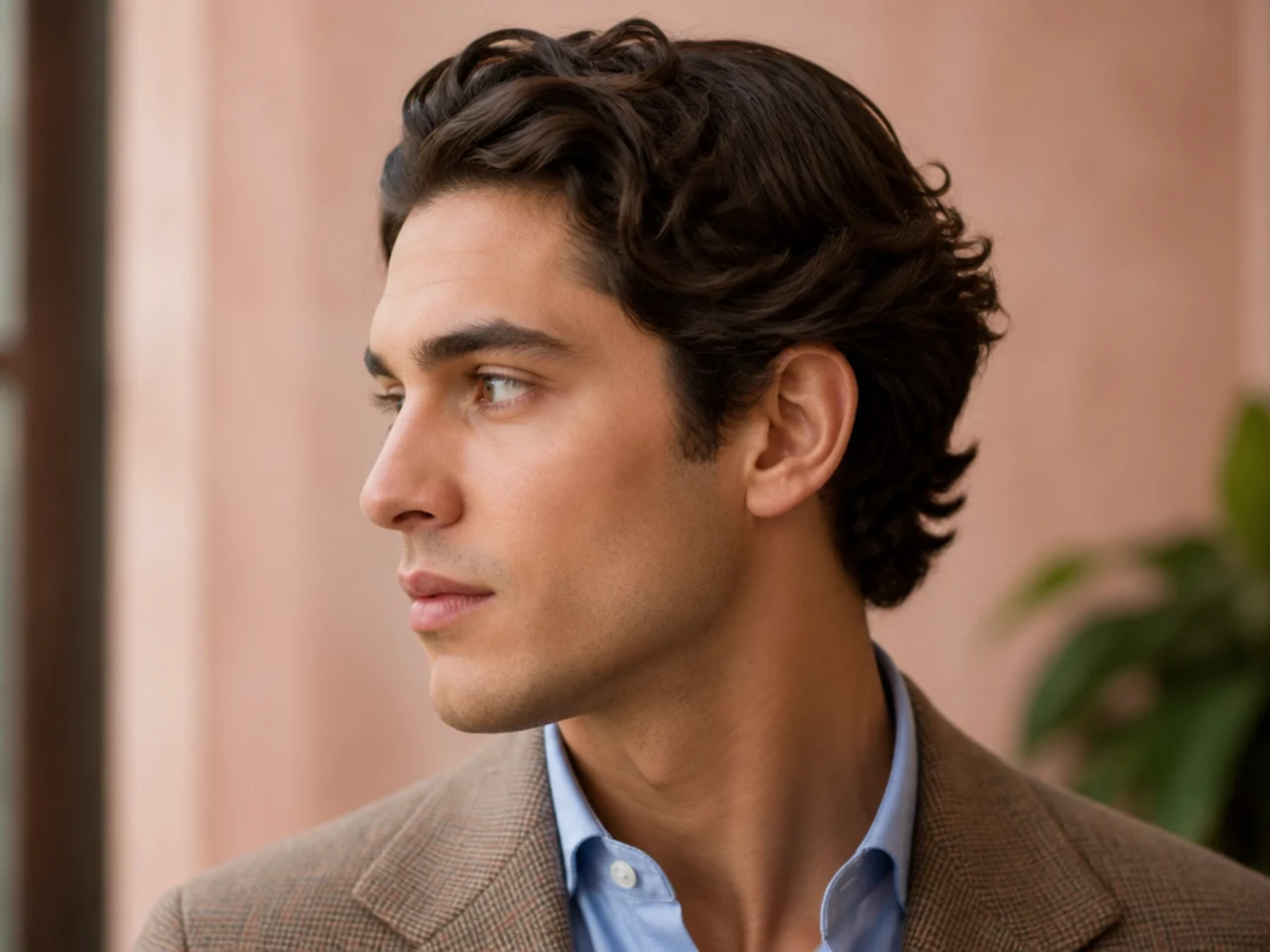 Villa on Lake Como aristocrat old money aesthetic haircut on a man in an ecru linen shirt, four-inch European swept top with longer scissor-tapered sides tucking behind the ears