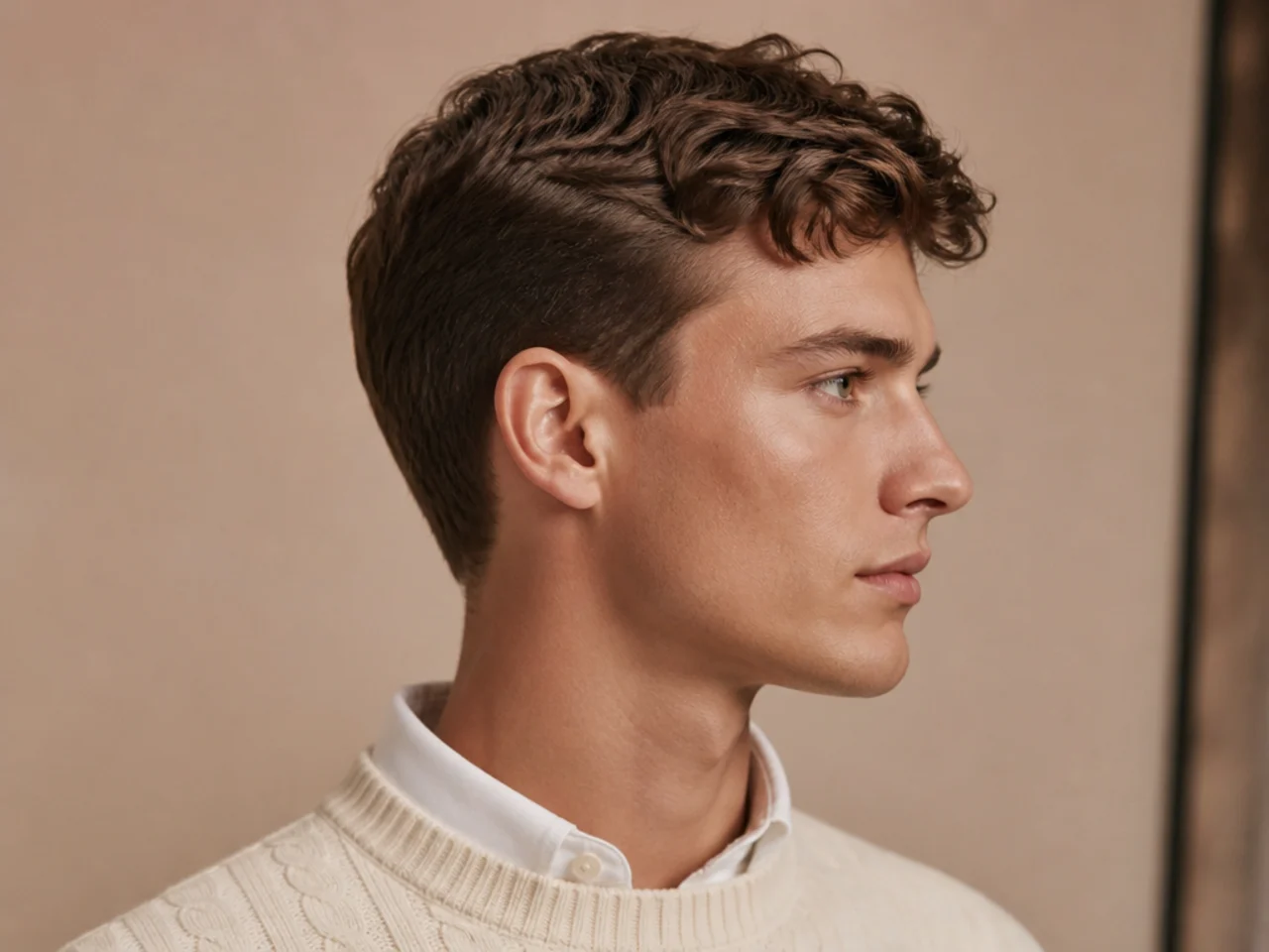 Wimbledon weekend taper old money aesthetic haircut on a man in a cream blazer and pink shirt, classic 2.5-inch full scissor taper with fuller sides, no fade