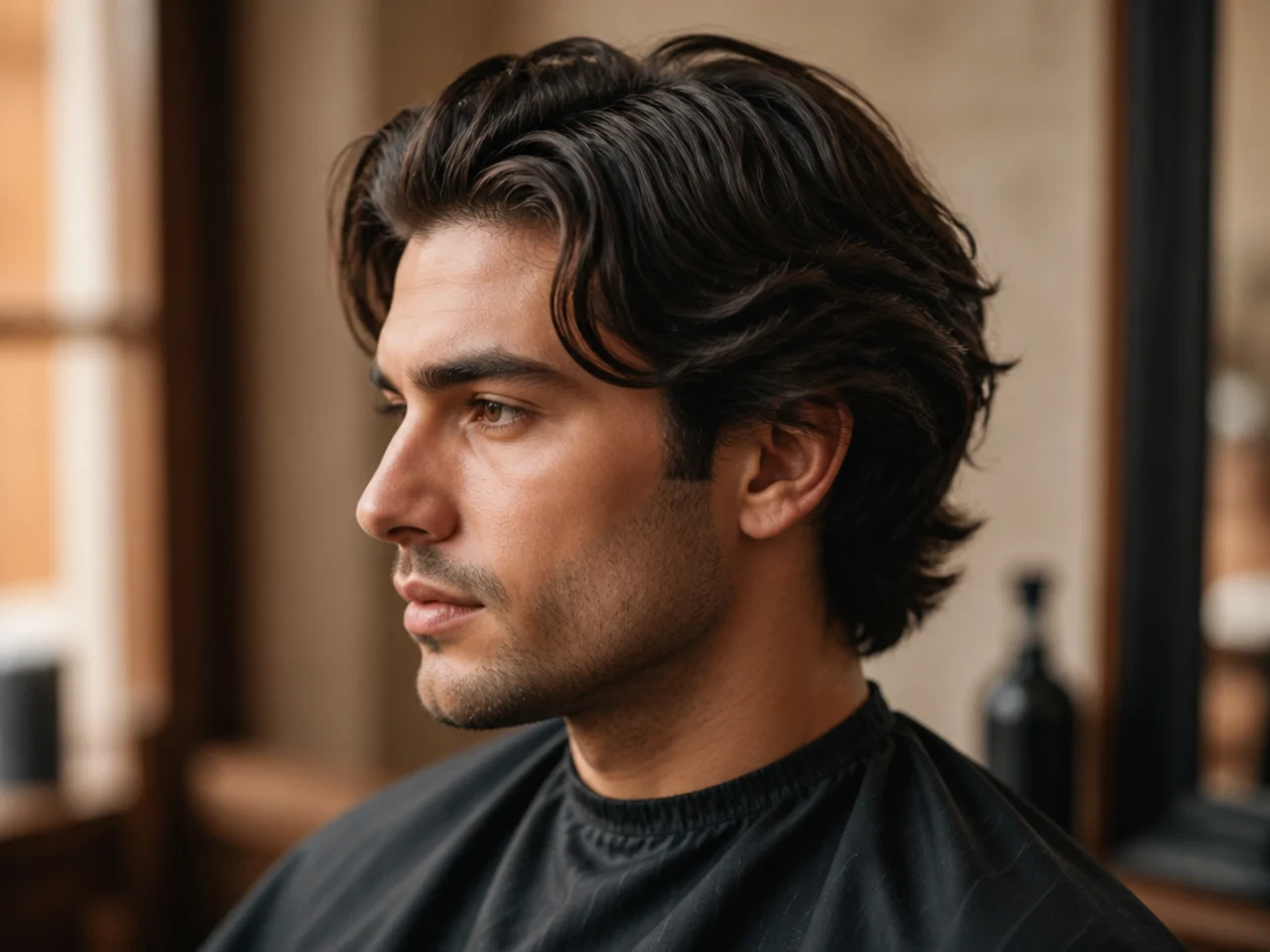 Editorial portrait of a man on a wooden ski chalet terrace with a soft slick back haircut, cable-knit turtleneck, warm afternoon alpine light