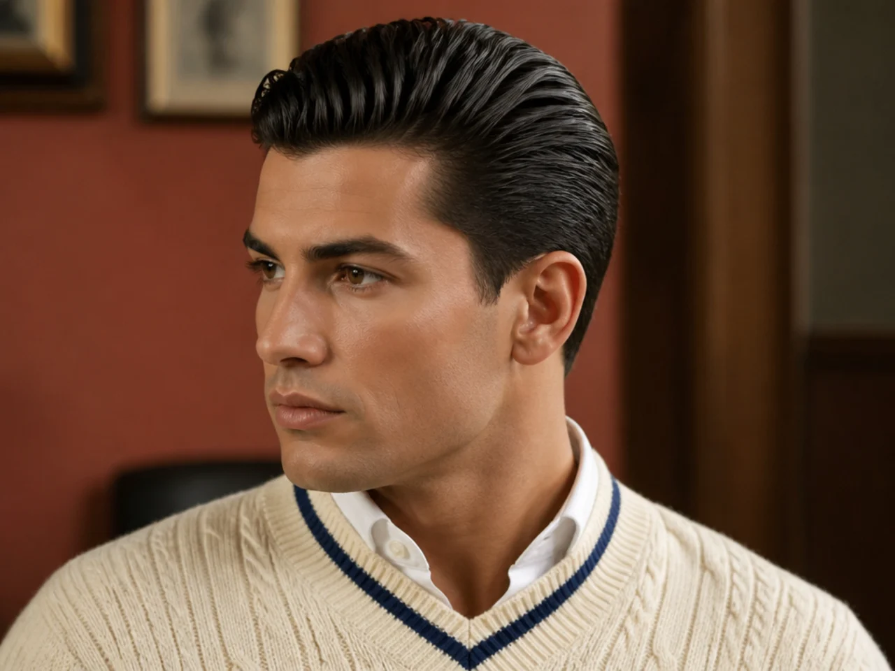 Yale boat club wet-look pomp old money aesthetic haircut on a young man in a rowing sweater, damp hair combed back, restrained shine