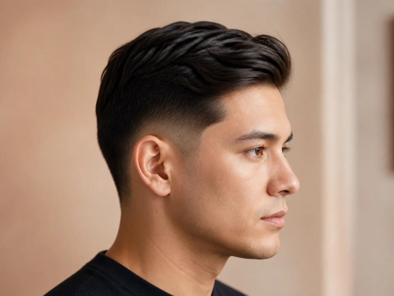 Business Ivy League haircut with low taper fade, two-inch top, defined side part, matte finish