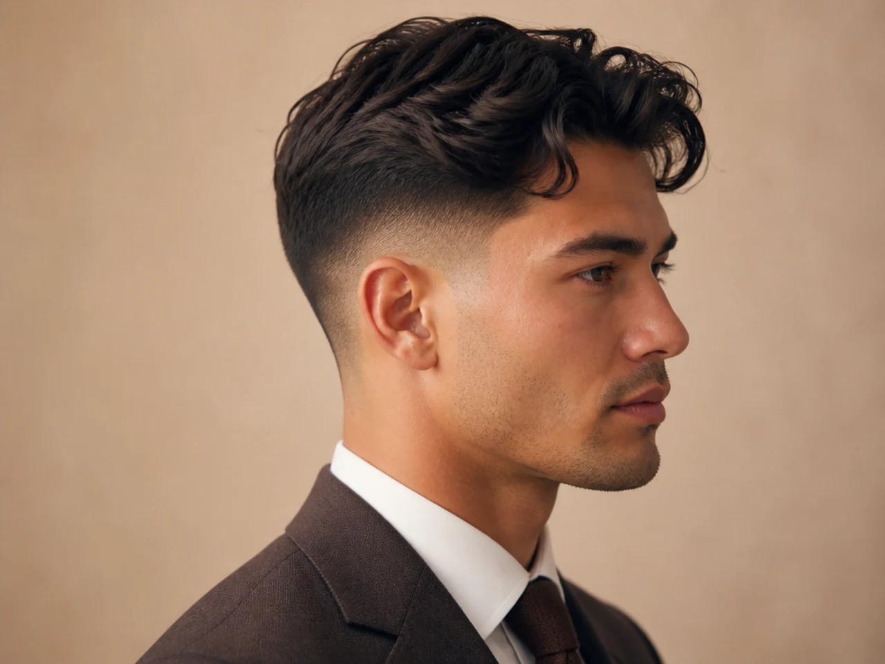 Business-safe low fade with loose textured top, three-inch top, natural sweep, matte finish