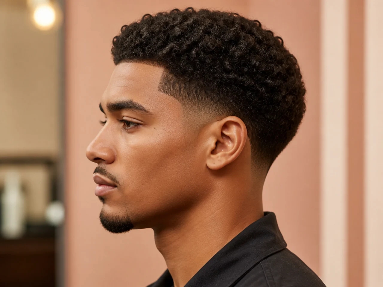 Controlled curls with low taper fade, two-and-a-half-inch top, defined curl pattern, matte finish