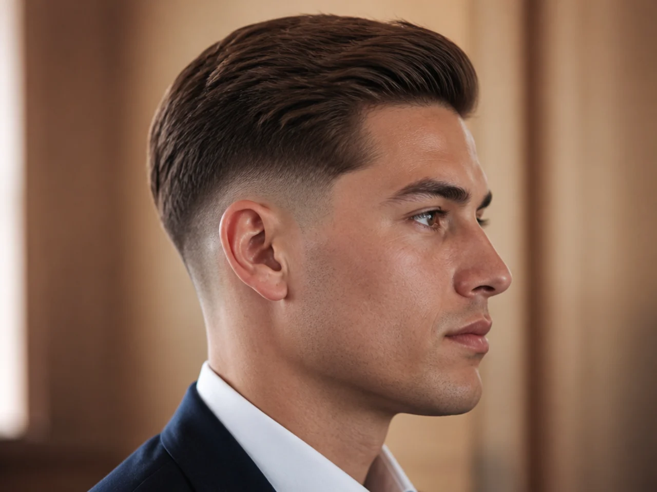 Executive low drop fade, three-inch top, sharp side part, matte finish, subtle drop behind the ear